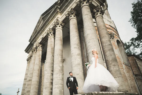 Feliz boda pareja abrazos y besos en el fondo viejo castillo —  Fotos de Stock