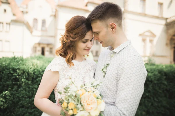 Gorgeous romantic gentle stylish beautiful caucasian bride on the background ancient baroque castle — Stock Photo, Image