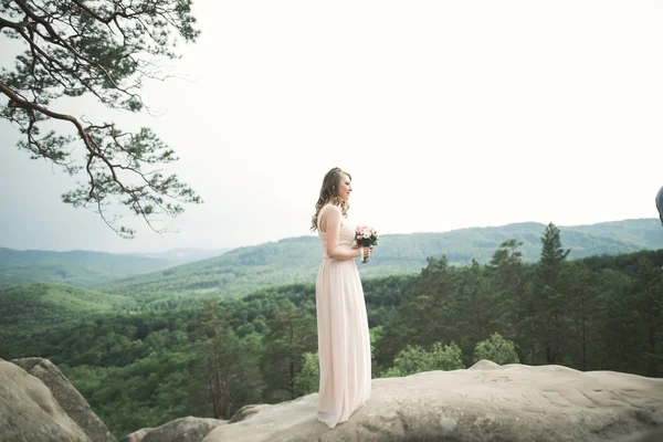 Schöne Braut posiert in der Nähe von Felsen vor dem Hintergrund der Berge — Stockfoto