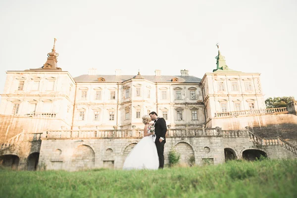 Bella coppia di sposi romantici che si abbracciano vicino al vecchio castello — Foto Stock