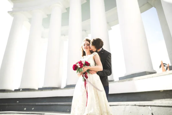 美丽的夫妇，新娘和新郎大白柱附近摆姿势 — 图库照片
