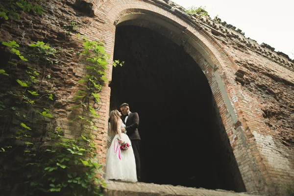 Beautiful romantic wedding couple of newlyweds hugging near old castle — Stock Photo, Image