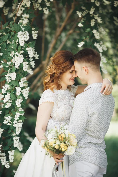 Glückliches Hochzeitspaar beim Spaziergang in einem botanischen Park — Stockfoto