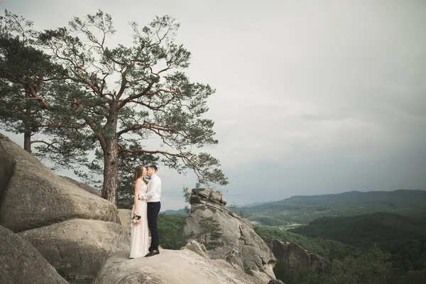 Πανέμορφη νύφη, γαμπρός φιλί και αγκαλιάζει κοντά στα βράχια με εκπληκτική θέα — Φωτογραφία Αρχείου