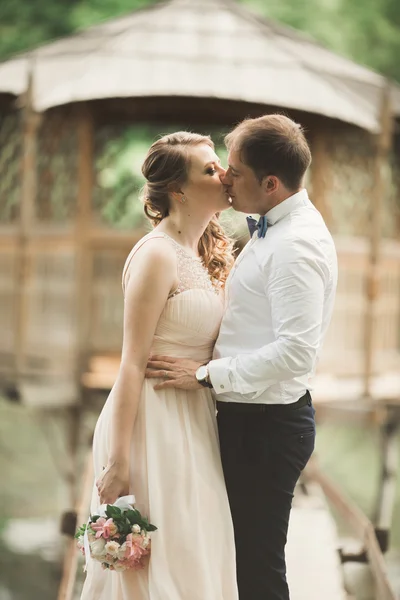 Novio besos novias frente mientras ella se inclina a él sonriendo —  Fotos de Stock