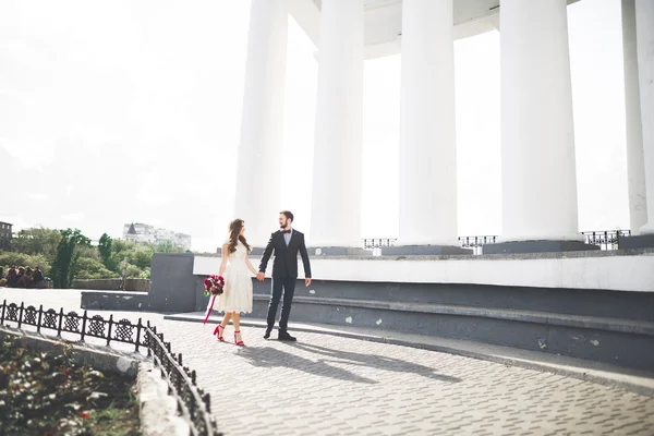 Beau couple, mariée et marié posant près de grande colonne blanche — Photo