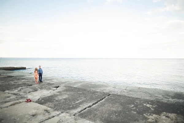 Pareja de boda, novia, novio caminando y posando en el muelle —  Fotos de Stock