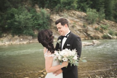 şık şık mutlu esmer gelin ve dağlarda güzel bir şelale arka plan üzerinde muhteşem damat