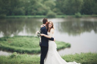 Öpüşme ve yakın göl Adası ile kucaklayan güzel düğün çifti