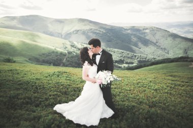 Güzel düğün çift, gelin ve damat, arka planda dağların aşık