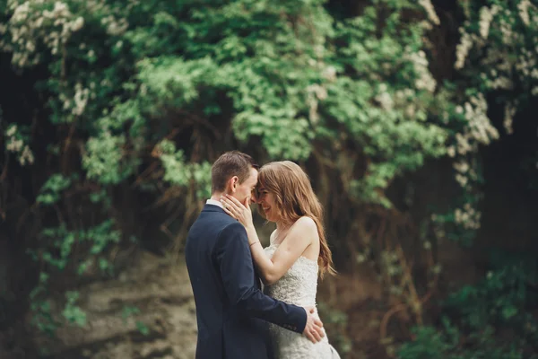 幸せな結婚式のカップルを抱き締めると城の背景の豪華な植物をお互いに笑みを浮かべて — ストック写真