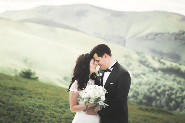 Hermosa novia fabulosa feliz y elegante novio posando en el fondo de las impresionantes montañas soleadas — Foto de Stock