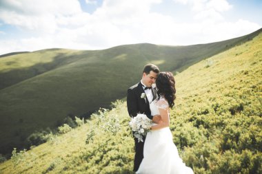 Güzel düğün çift, gelin ve damat, arka planda dağların aşık