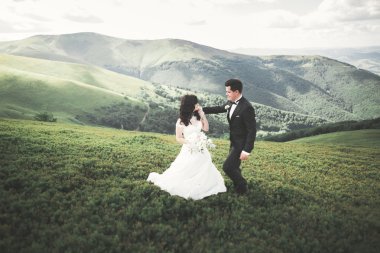 Güzel, mutlu gelin ve şık damat güneşli, çarpıcı dağların arka planında poz veriyor.