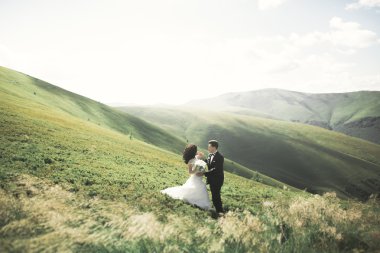 Harika bir gelin damada poz veriyor ve harika manzaralı dağlarda lüks bir tören yapıyor.