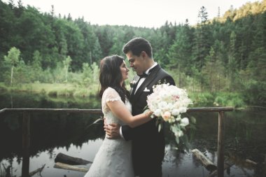 Aşk ve tutku - lake yakınındaki evli genç düğün çift öpücük