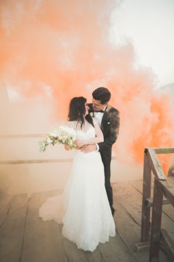 Çift yakınındaki kayaların arkasında renkli duman ile poz düğün