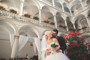 Güzel, mutlu bir düğün çifti, güzel şehirde uzun beyaz elbiseli bir gelin.