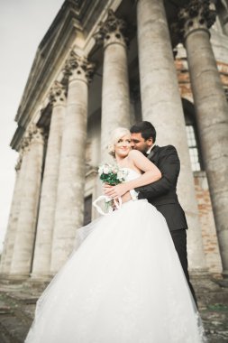 Mutlu düğün kaç sarılma ve öpüşme üzerinde arka plan eski kale