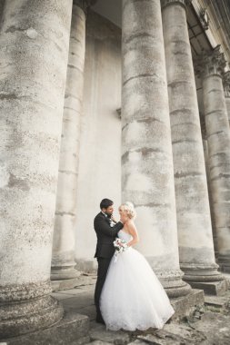 Güzel, romantik bir düğün. Yeni evliler. Eski kalenin yakınlarında sarılıyorlar.