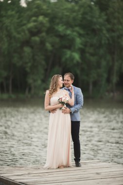 Zarif güzel düğün çifti bir göl kenarında günbatımında poz