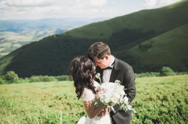 Красива розкішна наречена позує з нареченим і веселиться, розкішна церемонія в горах з дивовижним видом, простір для тексту, весільна пара — стокове фото