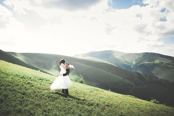 Ζευγάρι όμορφο γάμο, νύφη και γαμπρός, στην αγάπη, στο φόντο των βουνών — Φωτογραφία Αρχείου