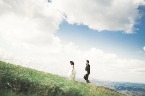 Splendida sposa e sposo elegante a piedi al paesaggio soleggiato, coppia di nozze, montagne cerimonia di lusso con vista incredibile, spazio per il testo — Foto Stock