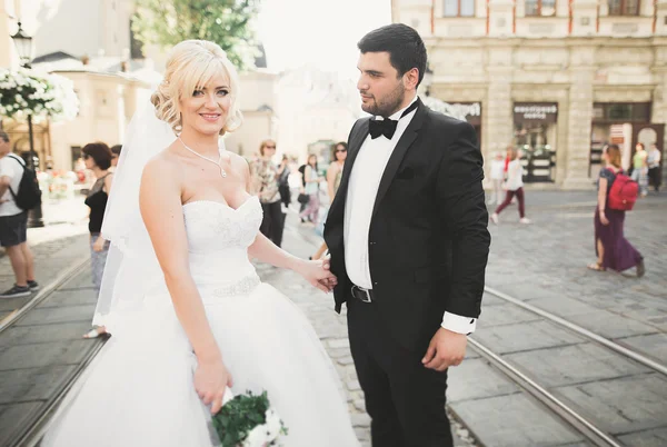 Lüks evli çift, gelin ve damat eski şehirde poz veriyor.