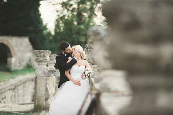 Verheugd huwelijksfeest paar knuffelen en zoenen op achtergrond oud kasteel — Stockfoto