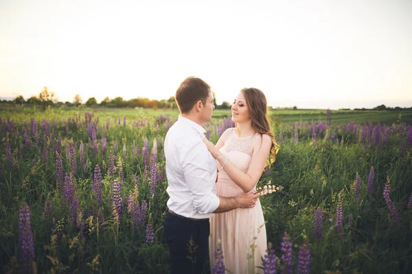 Mooie bruidspaar, liefde op de zonsondergang. Veld met bloemen — Stockfoto