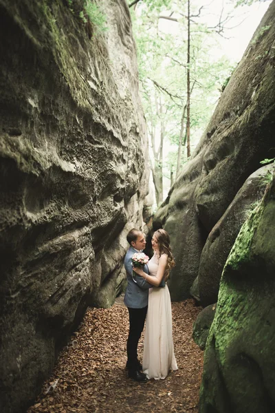 Splendido matrimonio coppia baci e abbracci nella foresta con grandi rocce — Foto Stock