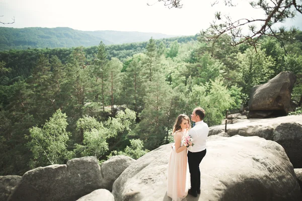 結婚式のカップルで愛キスと抱擁近くの岩で美しい風景 — ストック写真