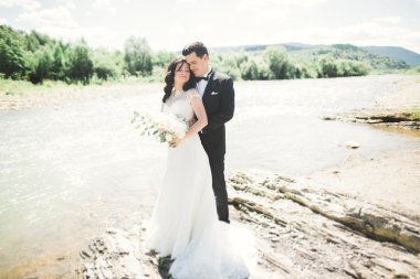 şık şık mutlu esmer gelin ve dağlarda güzel bir şelale arka plan üzerinde muhteşem damat