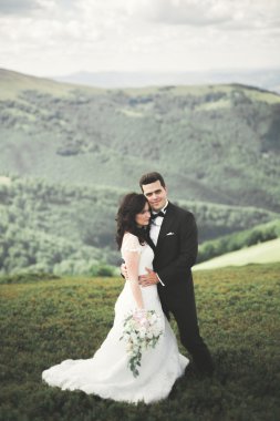 Güzel düğün çift, gelin ve damat, arka planda dağların aşık