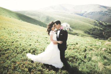 Öpüşen düğün çifti güzel manzarada kalıyor.