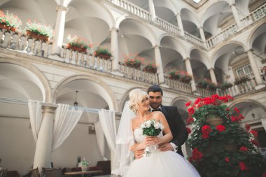 Güzel, mutlu bir düğün çifti, güzel şehirde uzun beyaz elbiseli bir gelin.