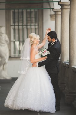 Lüks evli çift, gelin ve damat eski şehirde poz veriyor.