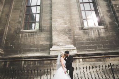 Güzel, mutlu bir düğün çifti, güzel şehirde uzun beyaz elbiseli bir gelin.