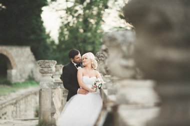 Güzel, romantik bir düğün. Yeni evliler. Eski kalenin yakınlarında sarılıyorlar.