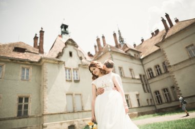 Güzel, romantik bir düğün. Yeni evliler. Eski kalenin yakınlarında sarılıyorlar.