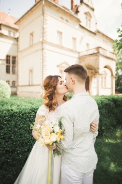 Muhteşem romantik zarif stil güzel beyaz gelin arka planda antik barok kalesinde