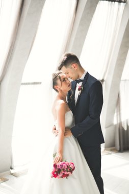 Lüks evli çift, gelin ve damat eski şehirde poz veriyor.