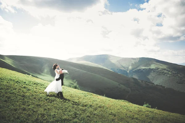 Hermosa novia fabulosa feliz y elegante novio posando en el fondo de las impresionantes montañas soleadas — Foto de Stock