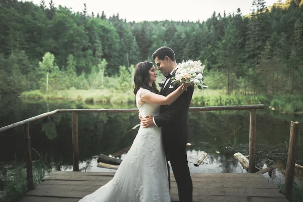 Encantadora novia, elegante novio en paisajes de montañas y puesta de sol en el lago. Hermosa pareja de boda — Foto de Stock