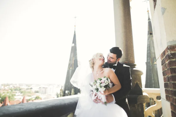 Wunderschönes Hochzeitspaar zu Fuß in der Altstadt von Lviv — Stockfoto