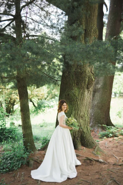 Schöne junge Luxusbraut im Brautkleid posiert im Park — Stockfoto