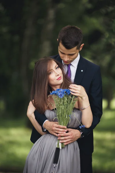 Young beautiful couple, girl with perfect dress posing in park — Stock Photo, Image