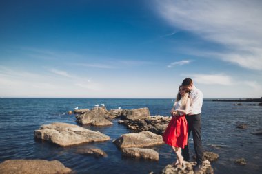 Deniz, mavi gökyüzü yakınındaki taş poz romantik sevgi dolu Çift