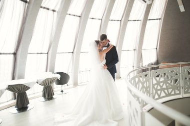 Güzel, mutlu bir düğün çifti, güzel şehirde uzun beyaz elbiseli bir gelin.